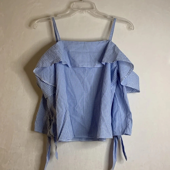 Topshop blue gingham plaid cold shoulder blouse top shirt size 6 - Picture 5 of 7